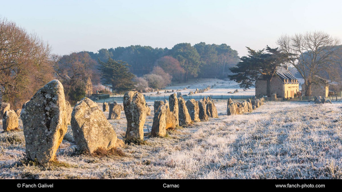 Alignements de Kerlescan à Carnac lors d'un froid matin d'hiver.