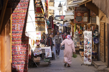 The shopping street of Talaa Kebira in the Medina of Fez in Morocco